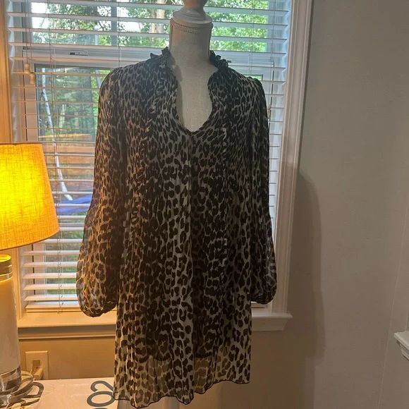 Ganni Leopard Print Pleated Georgette Long Sleeve Minidress - Picture 2 of 6